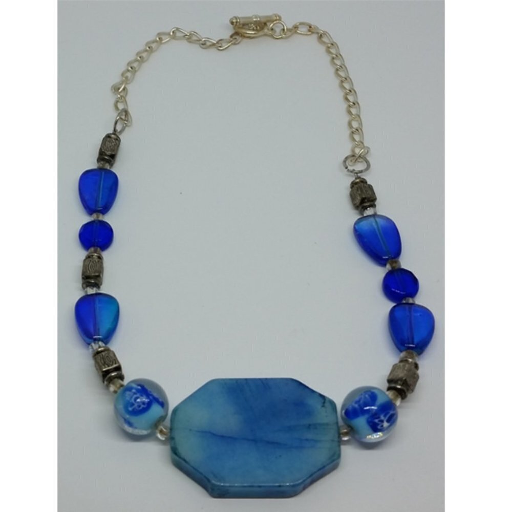 VINTAGE Artisan Blue Polished Stone Pendant with Art Glass Beads Necklace